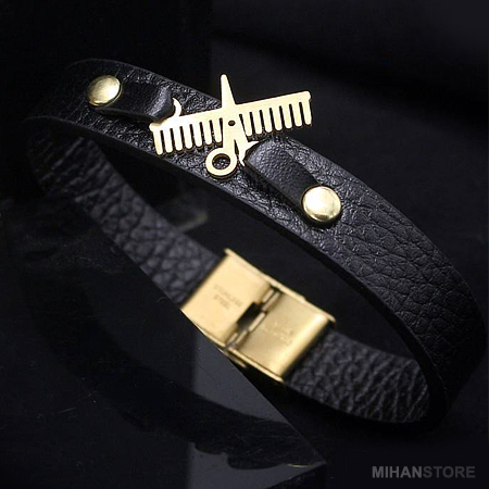 دستبند چرم طرح شانه و قیچی Comb and Scissors